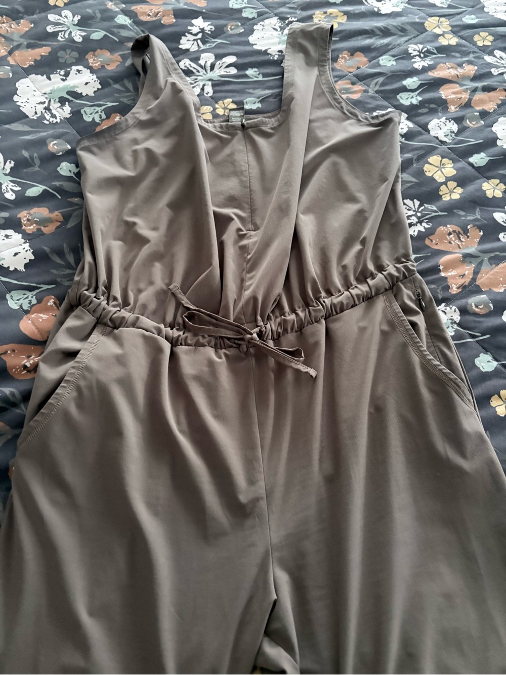 Prana Olive-Grey Sleeveless Utility Jumpsuit with Drawstring Waist